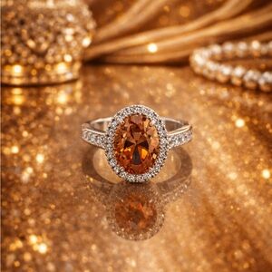 Oval Champagne Halo and Lab Created Diamond Ring